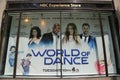 NBC Experience Store window display decorated with World of Dance logo in Rockefeller Center in Midtown Manhattan Royalty Free Stock Photo