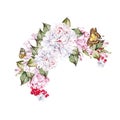 NBeautiful watercolor card with Peony, rose and leaves. Wedding wreath.