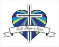 Faith Hope Love bible quote with stained glass heart and ribbon banner