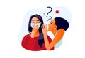 2019-ncov quarantine. Two girls gossiping. Sad woman in protective mask.