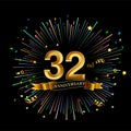 32nd Anniversary celebration. Golden number 32nd with sparkling confetti