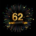62nd Anniversary celebration. Golden number 62nd with sparkling confetti