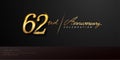 62nd anniversary celebration logotype with handwriting golden color elegant design isolated on black background. vector
