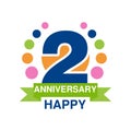 2nd anniversary colored logo design, happy holiday festive celebration emblem with ribbon vector Illustration