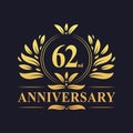 62nd Anniversary Design, luxurious golden color 62 years Anniversary logo.