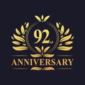 92nd Anniversary Design, luxurious golden color 92 years Anniversary logo.