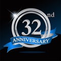 32nd anniversary logo with blue ribbon and silver ring, vector template for birthday celebration