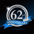 62nd anniversary logo with blue ribbon and silver ring, vector template for birthday celebration