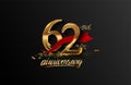62nd anniversary logo with red ribbon and golden confetti isolated on elegant background, sparkle, vector design for greeting card