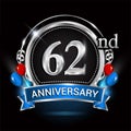 62nd anniversary logo with silver ring, balloons and blue ribbon. Vector design template elements for your birthday celebration