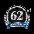 62nd anniversary logo with silver ring combination blue ribbon and laurel wreath. birthday vector template for celebration, party