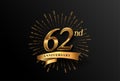 62nd anniversary logotype with fireworks and golden ribbon, isolated on elegant background. vector anniversary for celebration,