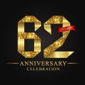 62nd anniversary years celebration logotype. Logo ribbon gold number and red ribbon on black background.