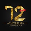 72nd anniversary years celebration logotype. Logo ribbon gold number and red ribbon on black background. Royalty Free Stock Photo