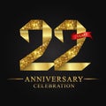 22nd anniversary years celebration logotype. Logo ribbon gold number and red ribbon on black background. Royalty Free Stock Photo