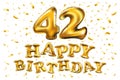 42nd Birthday celebration with gold balloons and colorful confetti glitters. 3d Illustration design for your greeting card, birthd