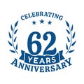 62 years anniversary celebration logotype. 62nd anniversary logo. Vector and illustration.