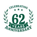 62 years anniversary celebration logotype. 62nd anniversary logo. Vector and illustration.