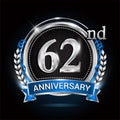 62nd silver anniversary logo with blue ribbon and ring