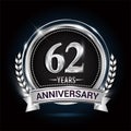 62nd silver anniversary logo with laurel wreath, ribbon and silver ring. vector design