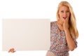 Nde woman holding a blank white board in her hands for promotion Royalty Free Stock Photo