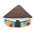 Ndebele African house with grey thatched roof isolated on white background. Bright colored decorated clay walls