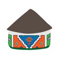 Ndebele African house with grey thatched roof isolated on white background. Bright colored decorated clay walls