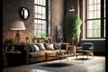 ndustrial loft living room interior with sofa,chair and brick wall.3d rendering Royalty Free Stock Photo