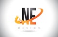 NE N E Letter Logo with Fire Flames Design and Orange Swoosh.