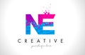 NE N E Letter Logo with Shattered Broken Blue Pink Texture Design Vector.