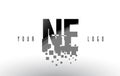 NE N E Pixel Letter Logo with Digital Shattered Black Squares