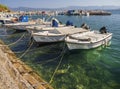 Nea Artaki, Evia island, Greece. July 2019: Fishing boat on a sunny afternoon on the calm Aegean Sea on the island of Evia, Greece