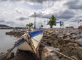 Nea Artaki, Evia island, Greece. July 2019: Fishing boat on a sunny afternoon on the calm Aegean Sea on the island of Evia, Greece