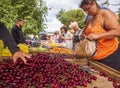 Nea Artaki, Evia island, Greece. July 2019: Greek village market on the island of Evia with cherry, fruits and vegetables on a Sun