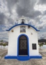 Nea Artaki, Evia Island, Greece. July 2019: Panoramic view of Little beautiful Greek church in blue and white colors on a sunny da