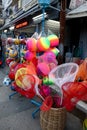 Colorful fishing net, beach balls and other beach toys for kids Royalty Free Stock Photo