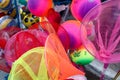 Colorful fishing net, beach balls and other beach toys for kids