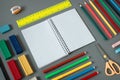 Nealty Organized Colorful School Supplies on Desk Royalty Free Stock Photo