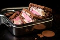 neapolitan ice cream sandwich in an open metal lunchbox