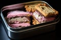 neapolitan ice cream sandwich in an open metal lunchbox