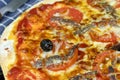 Neapolitan pizza anchovy pizza, tomato and olives Royalty Free Stock Photo