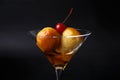 Neapolitan Rum baba or baba au rum in a martini glass with a cocktail cherry on a black background. Small yeast cakesÃÅ½