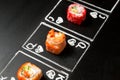 Ebi nigiri between Unagi and Tomago. Hand drawn Poker cards, Japanese sushi nigiri with black rice and shrimp in focus on chalkboa