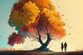 Near beautiful autumn tree. Couple is having a walk outdoors. Beautiful creative art. Generative AI