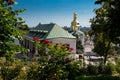 Near caves of Kyiv-Pechersk Lavra. Church, monastic cells and roses in the foreground
