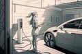 Near garage.View Woman charging her electric car and monitoring process on smartphone, ai generated
