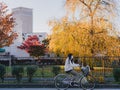 Near Yamagata Downtown, a girl wearing a mask is riding her bicycle in autumn