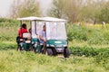 Visitors drive along an electric vehicle path in the Hula Lake Nature Reserve near the Yesod HaMa`ala settlement in Israel Royalty Free Stock Photo