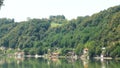 Near Zvornik, Drina river with mountains and trees and blue sky in one summer day. Panoramic view, landscape, boat