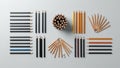 Nearby a single metallic sharpener is placed among a few scattered pencils Royalty Free Stock Photo